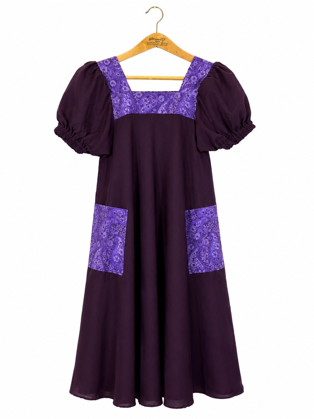 Handmade Midi Dress Purple Lace Overlay Dress Puffed Sleeve Muumuu Size M Casual